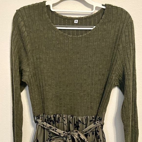 Women’s Olive Green Mixed Fabric Dress, NEVER WORN, Size Medium - Picture 2 of 11